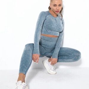 Blue Long Sleeve Top and Leggings Yoga  Set